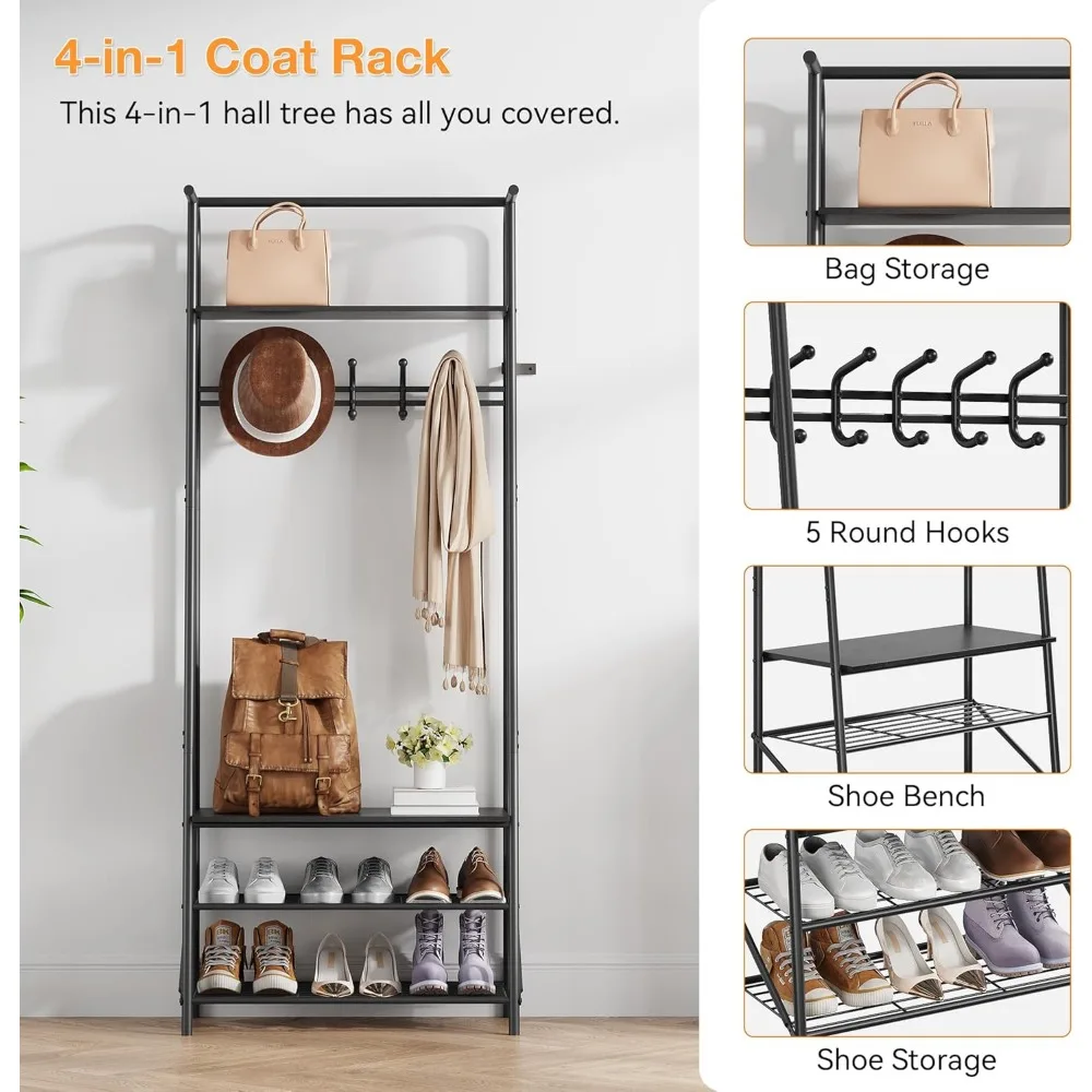 مقعد مدخل ذو مظهر خشبي متعدد الوظائف مع مساحة تخزين وإطار معدني، أثاث منظم للمدخل