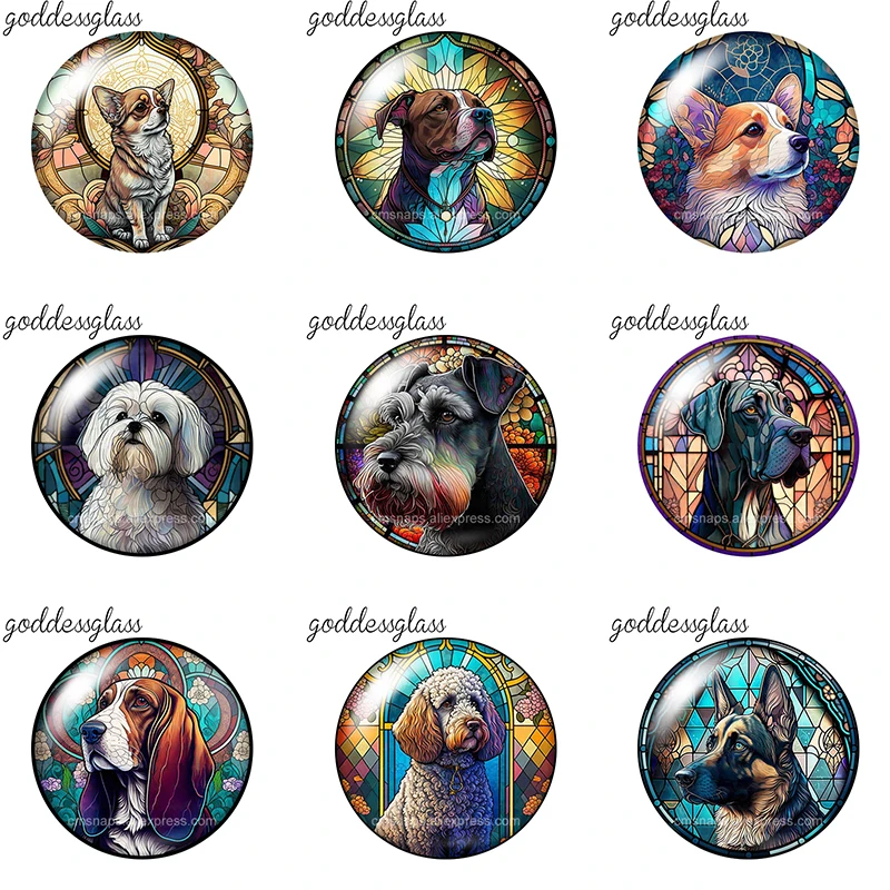 Colored Reflective Glass Dog Retro Pet 12mm/18mm/20mm/25mm Round Photo Glass Cabochon Flat Back Making Findings DIY Snap Buttons
