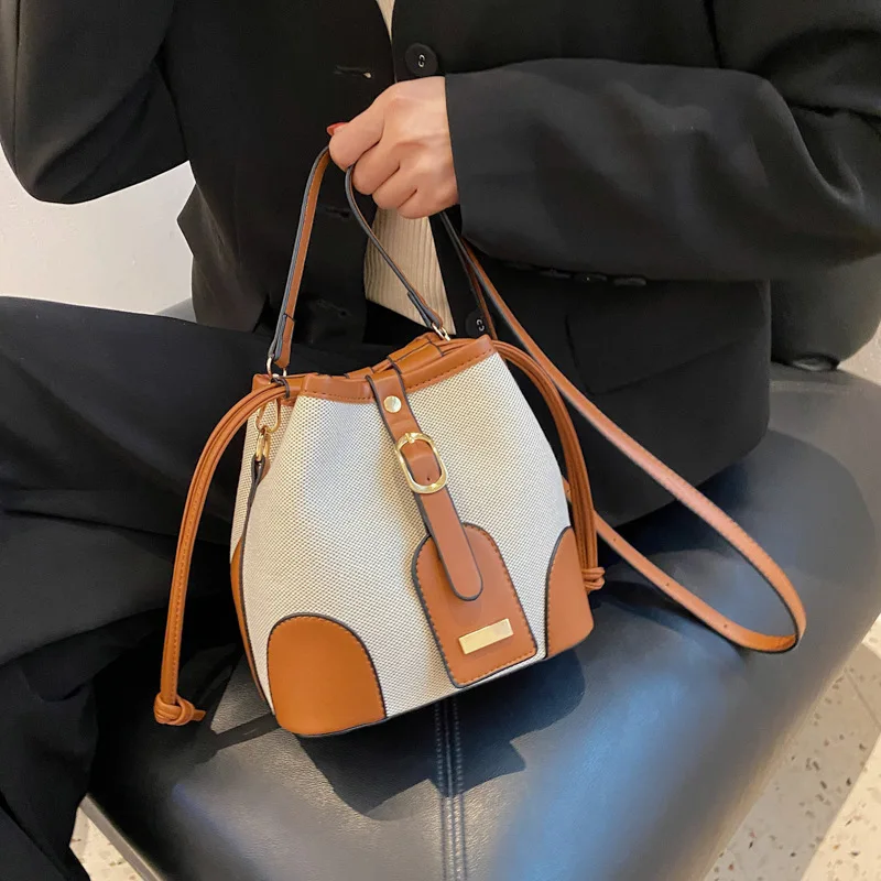 Women Fashion Bucket Bag New 2025 Trendy Single-shoulder Bag with Canvas Patchwork Luxury Texture Crossbody Bags