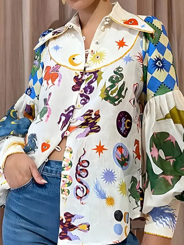 

Весенний винтажный женский топ с принтом fiti irt Lantern Sve, дышащий полиэстер, повседневный длинный топ с откидным воротником све