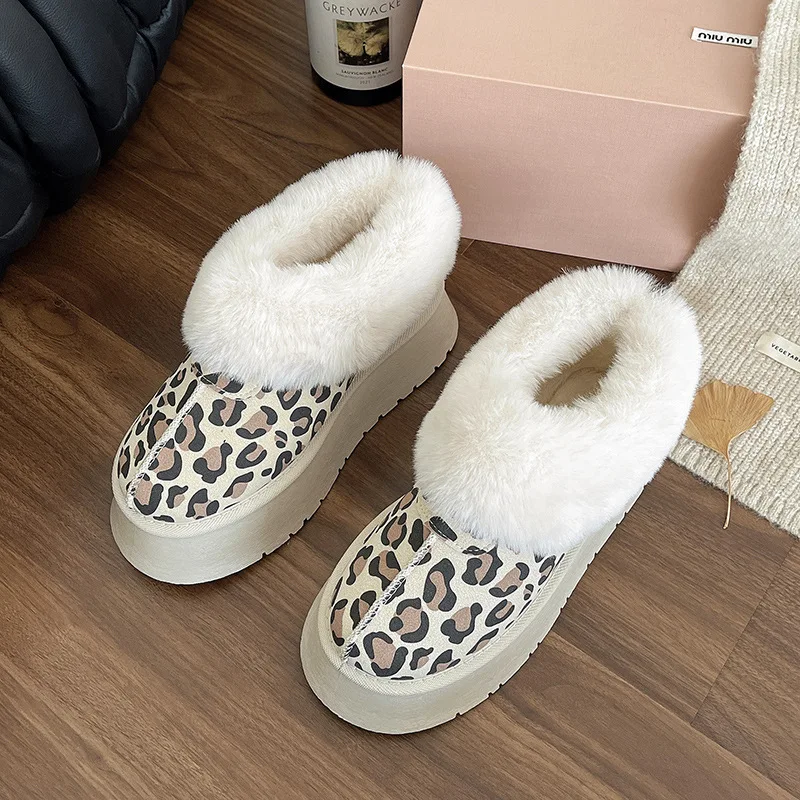 Thick-soled Woolen Boots Women 2024 Winter New Leopard Soft Sole Plus Cashmere Warm Cotton Shoes