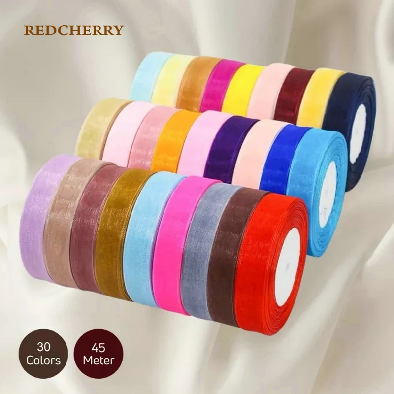 

45 Meters Sheer Chiffon Ribbon Organza Satin Ribbons for Gift Wrapping Decoration Wedding Bouquets Party Wreath Lace Fabric 20mm