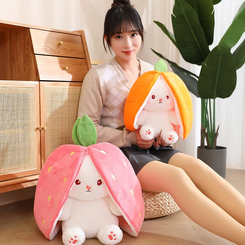 Peluche de conejo de peluche Kawaii para niños, almohada con relleno de conejo suave escondido en bolsa de fruta