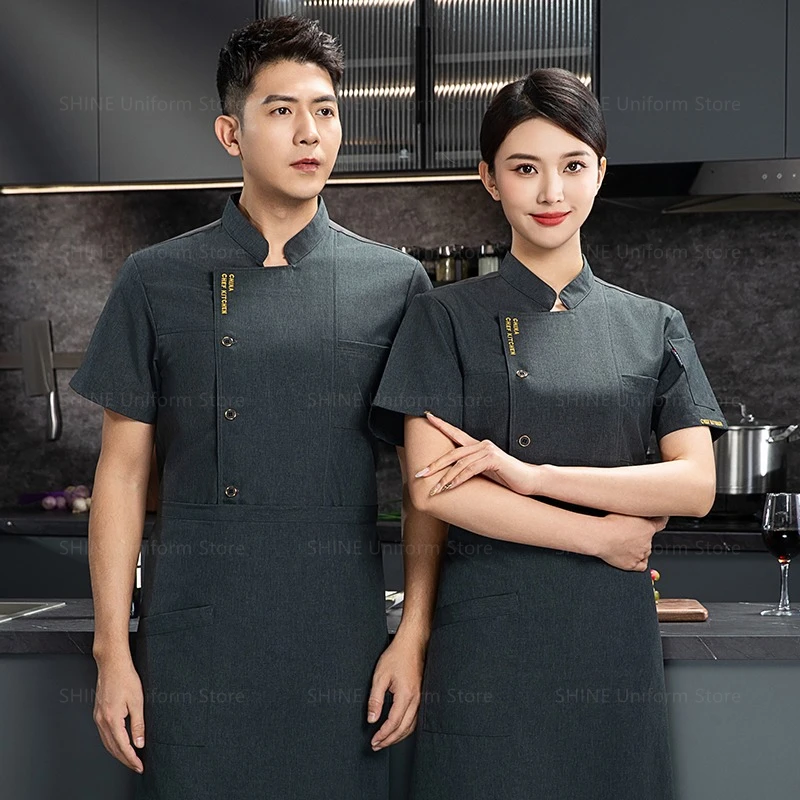 Veste d'été à manches courtes pour hommes, uniforme de Chef noir, tablier, vêtements de travail, logo, short de Chef, manteau de Chef respirant, cuisine