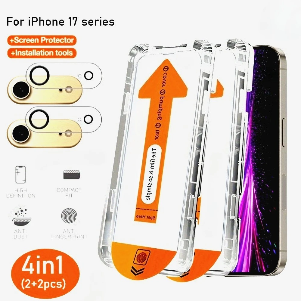 

Ультрапрозрачное закаленное стекло 4 в 1 для iPhone 17 16 15 14 Pro Max Air 16e Стекло для объектива камеры iPhone 13 11 12 Pro 16 15 14 Plus
