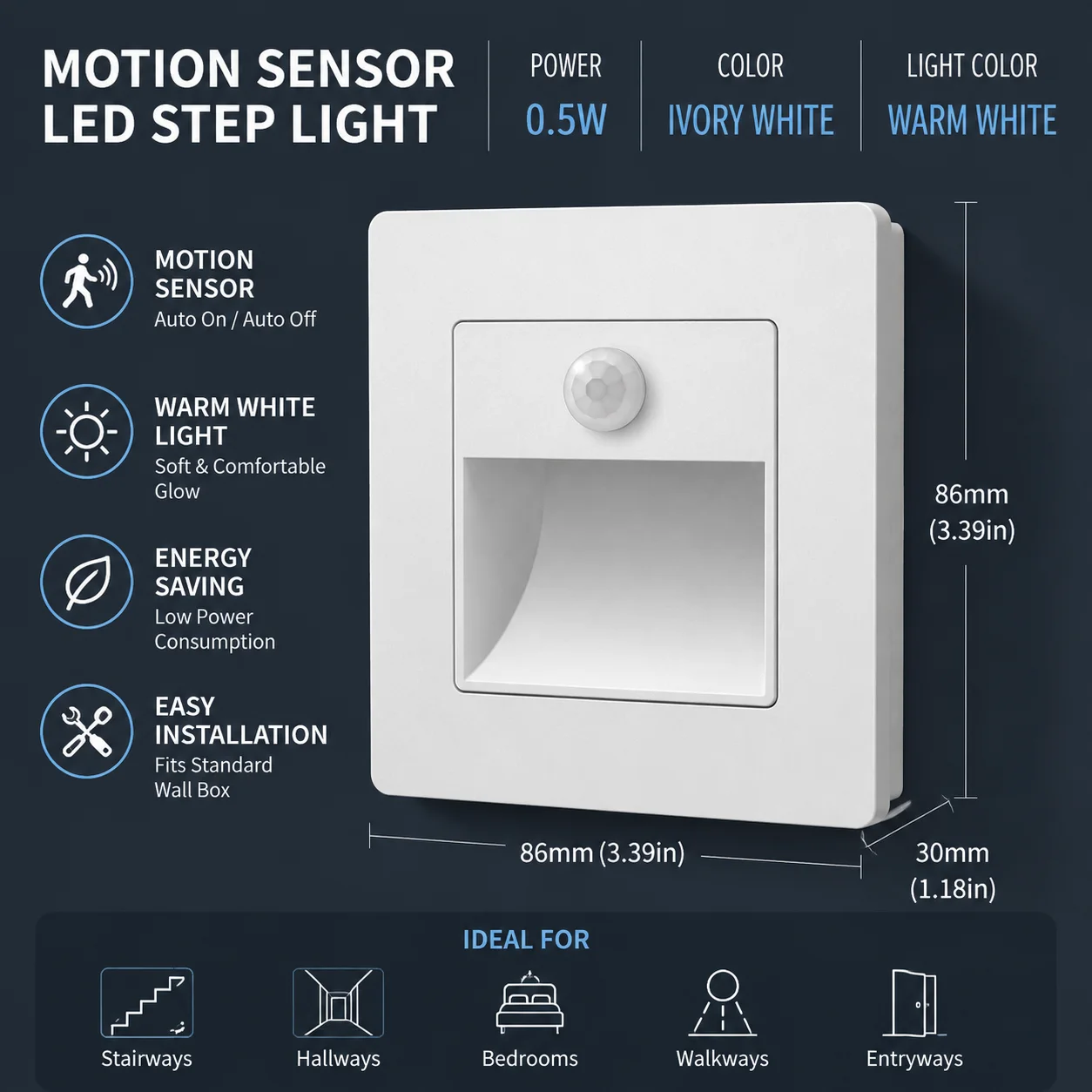 SafeStep Auto Sense Light  Motion Sensor LED Stair & Hallway Night Light – 86 Type, Recessed, Hands-Free