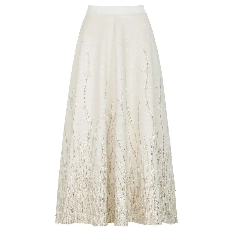 

High Quality Fashionable Knitted 3D Flower Heavy Embroidery Skirt Midi Skirt Elegant Atmosphere Spring Autumn New Style