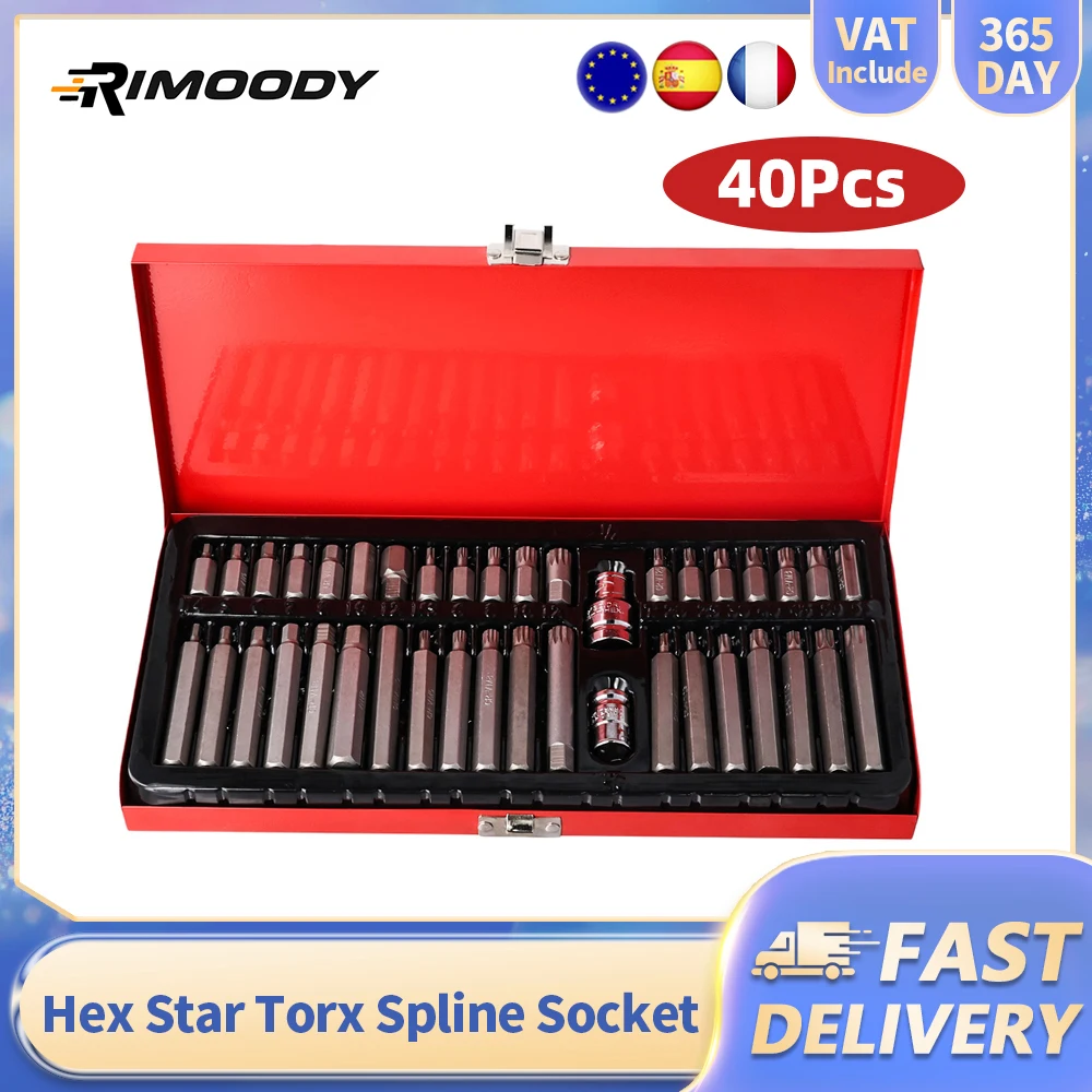 Rimoody 40 pz Hex Star Torx Scanalato Bit Kit 1/2 pollici 3/8 pollici Drive Impact Socket Bit Strumento Hexagon Socket Set di Riparazione Auto