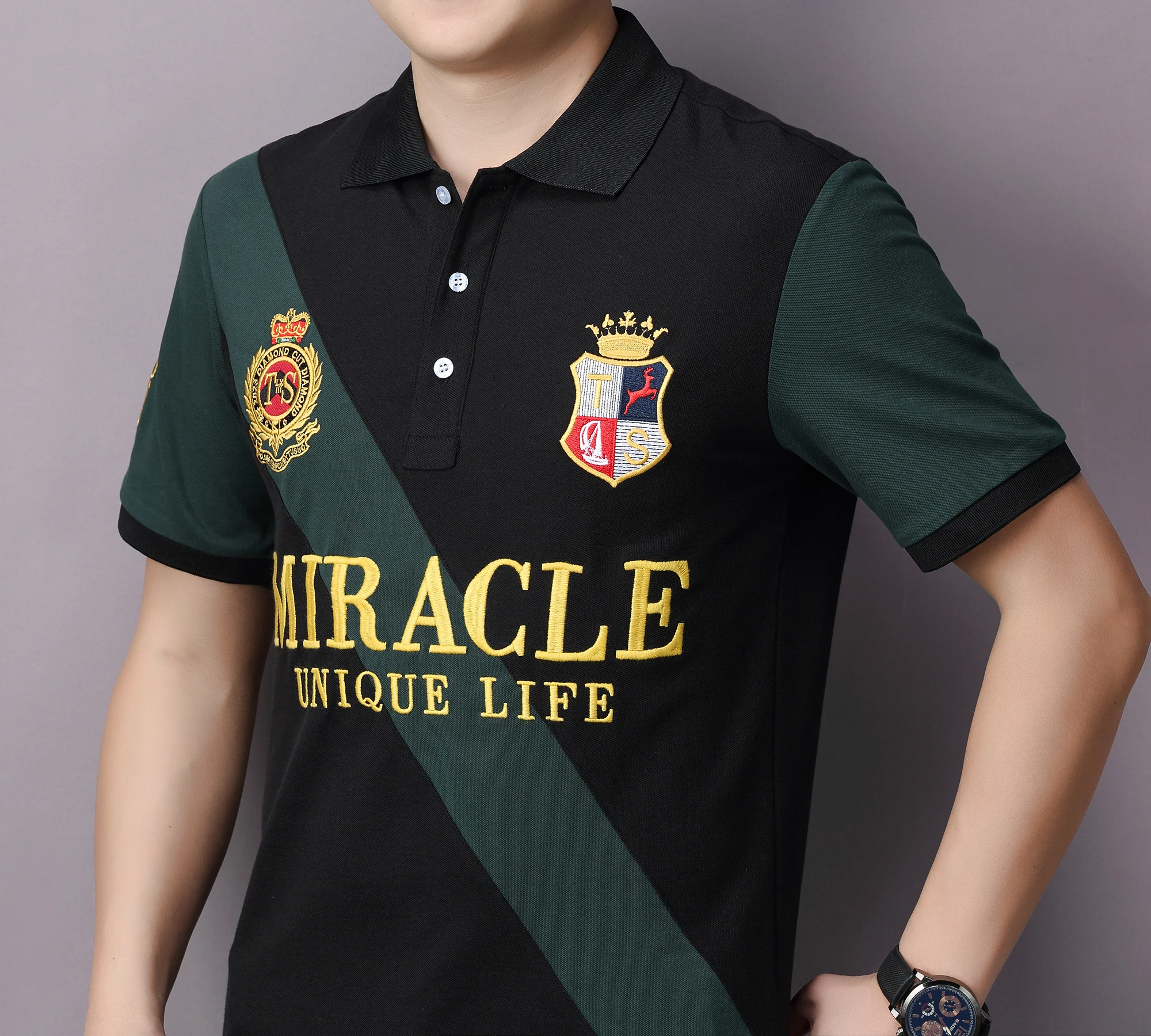 Men\'s polo shirt MIRACLE embroidery stitching color contrast classic fashion original design polo collar pure cotton breathable