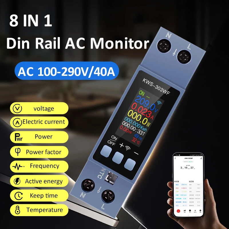 8IN1 Power Energy Meter Voltmeter and Ammeter AC Monitor100-290V/40A Power Factor KWH Electric Frequency Meter with LED Display