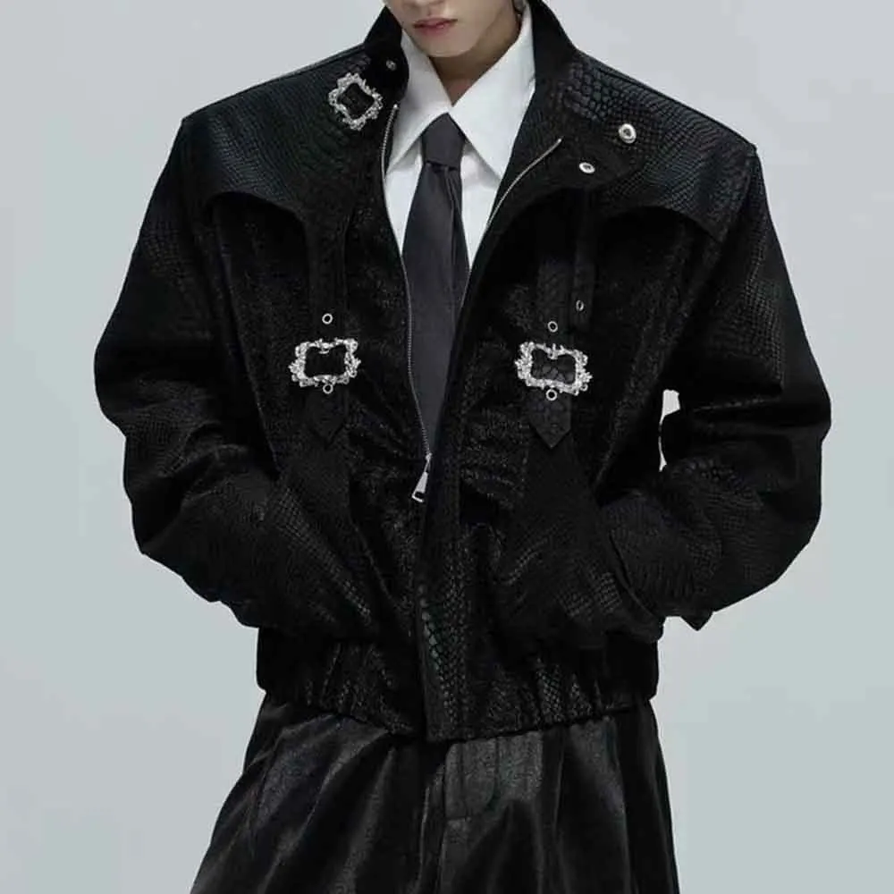 Men Autumn Jacket Y2k Snake Scale Metal Buckle Jacket Streetwear Fashion Nightclub Stage Performance Top Men'S Clothing 2025 New