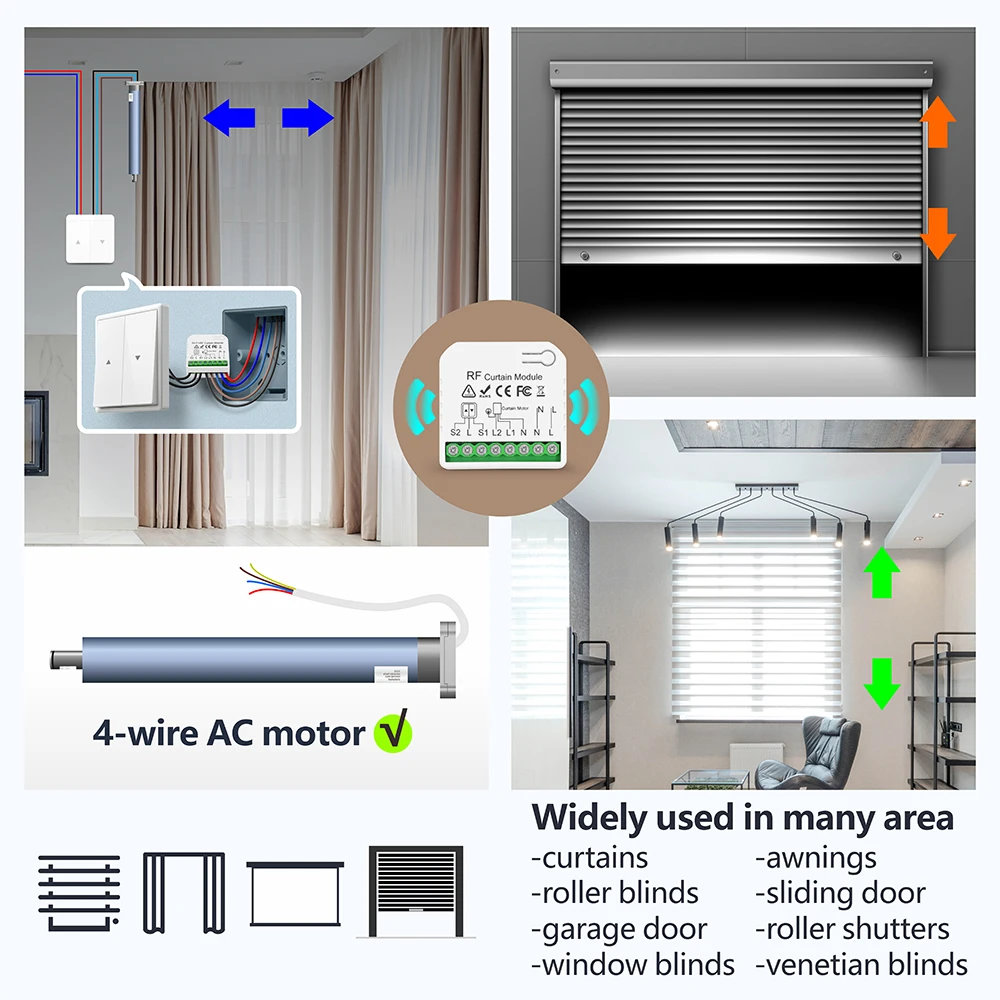 433 MHz kabelloser Vorhangschalter, 110 V, 220 V, 16 A, RF-Empfänger, 60 m Fernbedienung, für Fernbedienung, Rollladen, Fensterjalousien, Garagentor – Detail 2