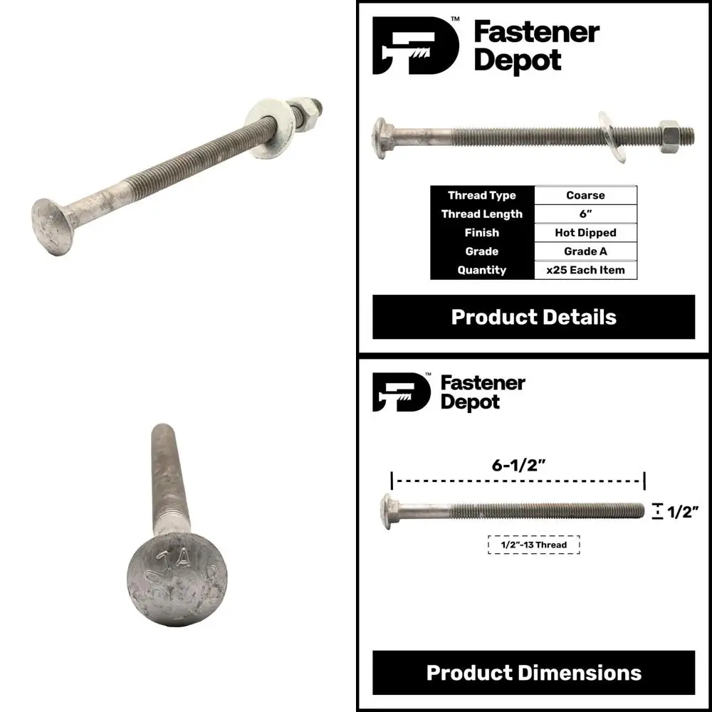 

Комплект оцинкованных болтов с кареткой 1/2-13 x 6-1/2, 25 шт. в упаковке с плоскими шайбами и шестигранными гайками, класс 307A, с горячим окунаром, полный набор для Co