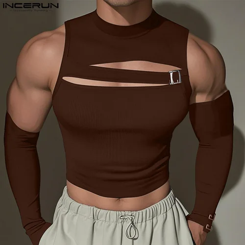 Imagen 2 del producto INCERUN, camisetas sin mangas para hombre, Color sólido, sin mangas con manga, chalecos calados para hombre, ropa de calle Sexy, Tops cortos de moda 2025, S-3XL para hombre