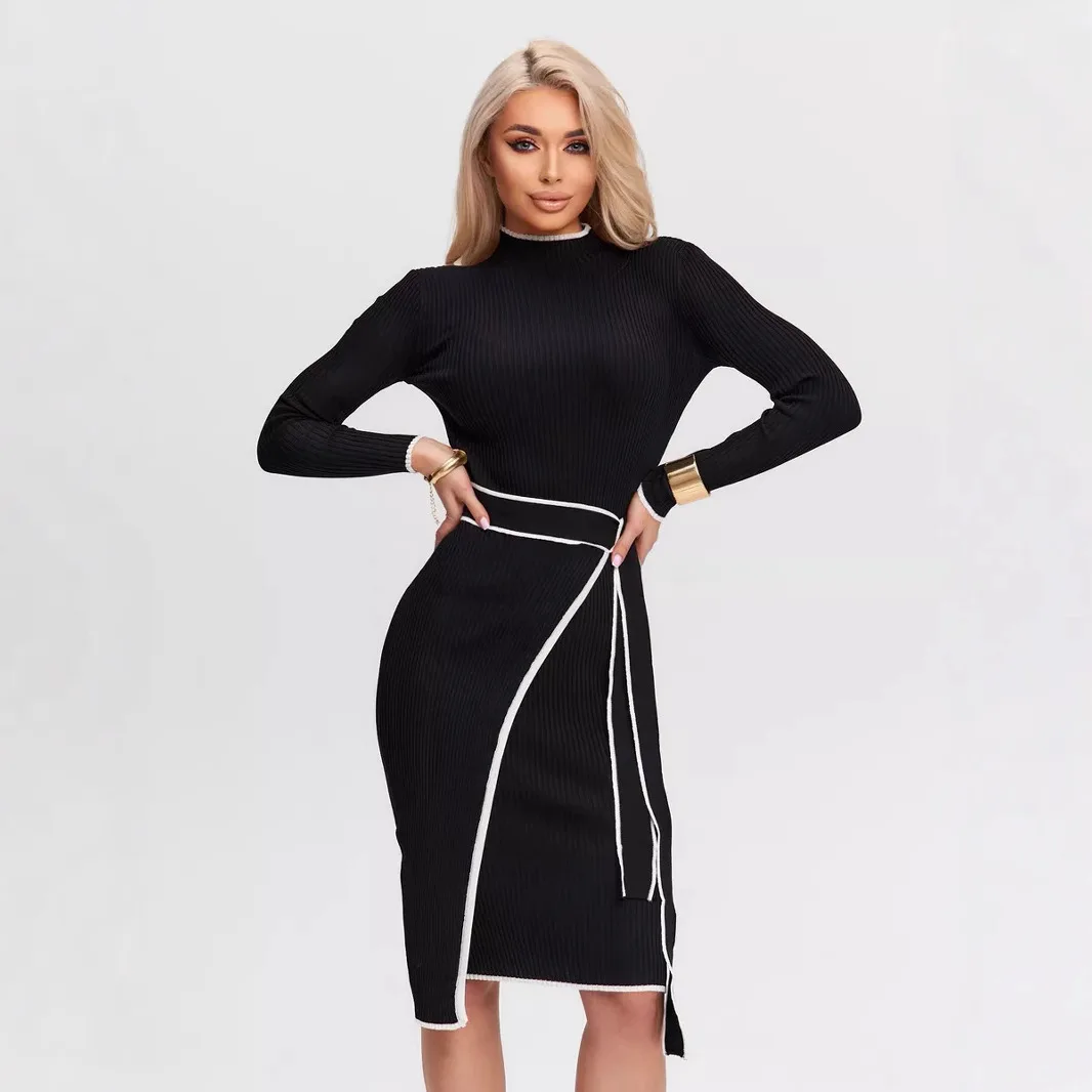 Vestidos femininos vestido mangas outono tweed penas plissado snap-botão faixas cabido com fita retalhos elegante academia diariamente