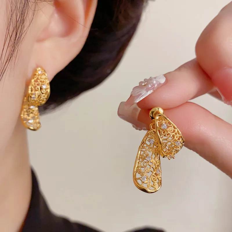 Hollow water drop-shaped front and rear earrings feminine temperament light luxury retro versatile earrings