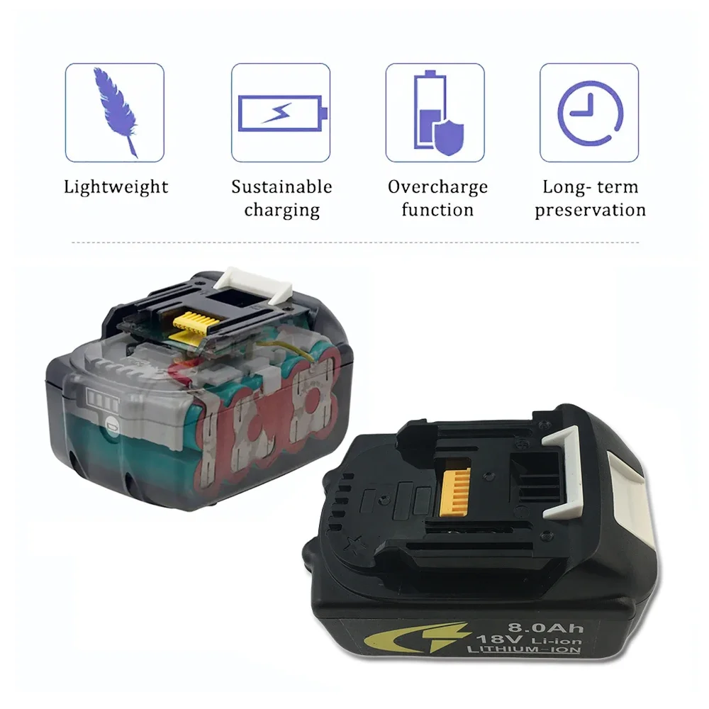 Batterie pour Makita 18V 8,0 Ah, outil électrique à affichage LED, Ion Eddie, modèles compatibles BL1860 BL1830 BL1850 BL1860B