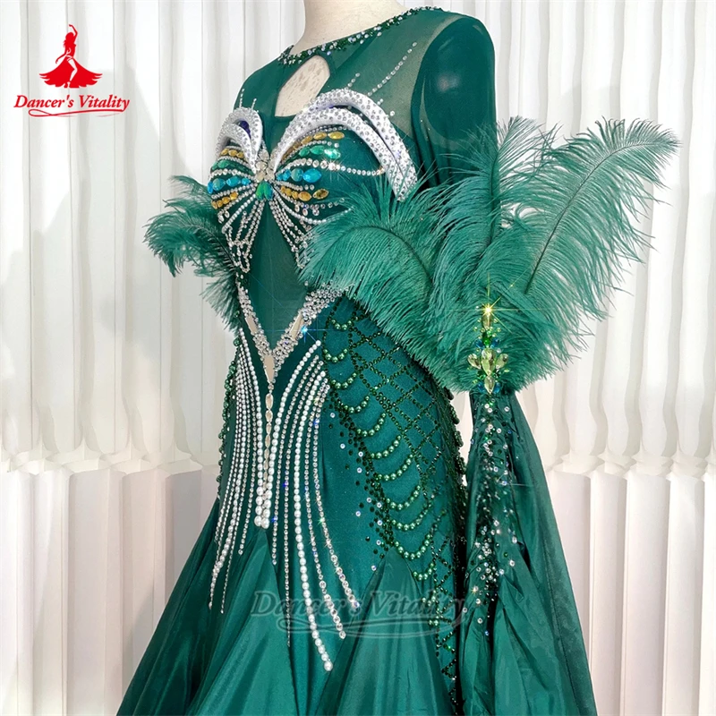 Standard Social Dance AB Stones Long Sleeves V-back Dresses Customize Adult Waltz Foxtrot Competition Clothing Dancer's Vitality