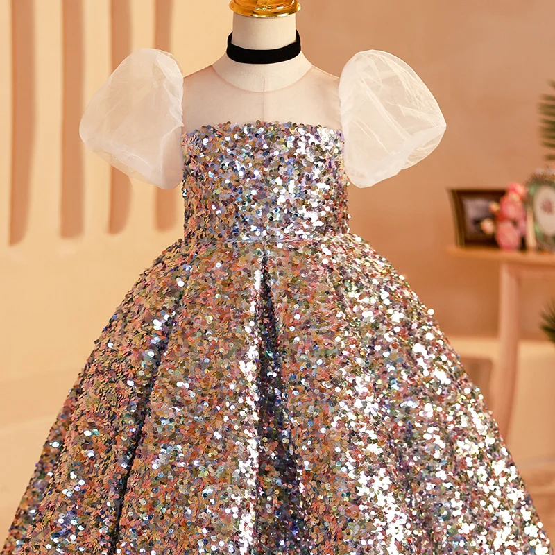 Gorgeous Puffy Shiny Sequin Lace up girl Dresses kids Beauty pageant dance party dress For Weding Birthday Banquet Long Gown