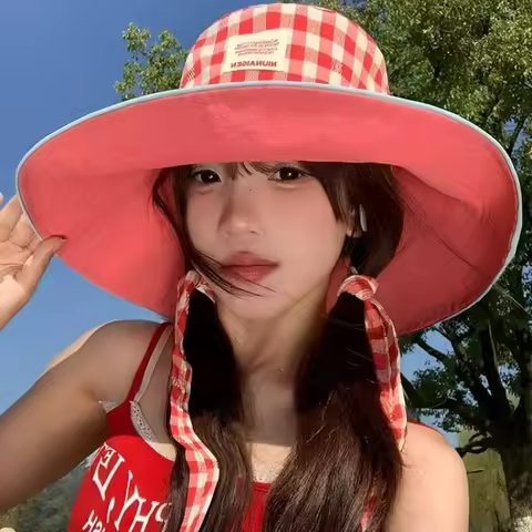 Summer Bucket Hat on Both Sides for Women Large Brim Strap Sunscreen Cap Grid Colorful Foldable Sun Hat Beach Outdoor Sport Hat