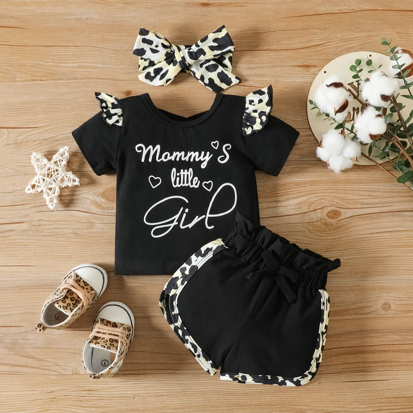 PatPat 3pcs Baby Girl 95% Cotton Leopard Print Ruffle Trim Letter Graphic Short-sleeve Tee and Shorts & Headband Set