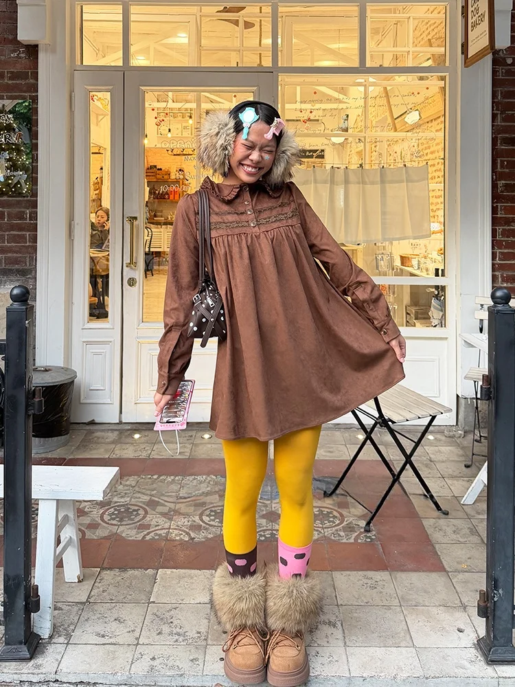 

Ретро-платье с высокой талией, А-силуэт, короткое, с длинными рукавами, кружевными вставками, замшевым воротником-стойкой, в студенческом стиле, женское, осеннее