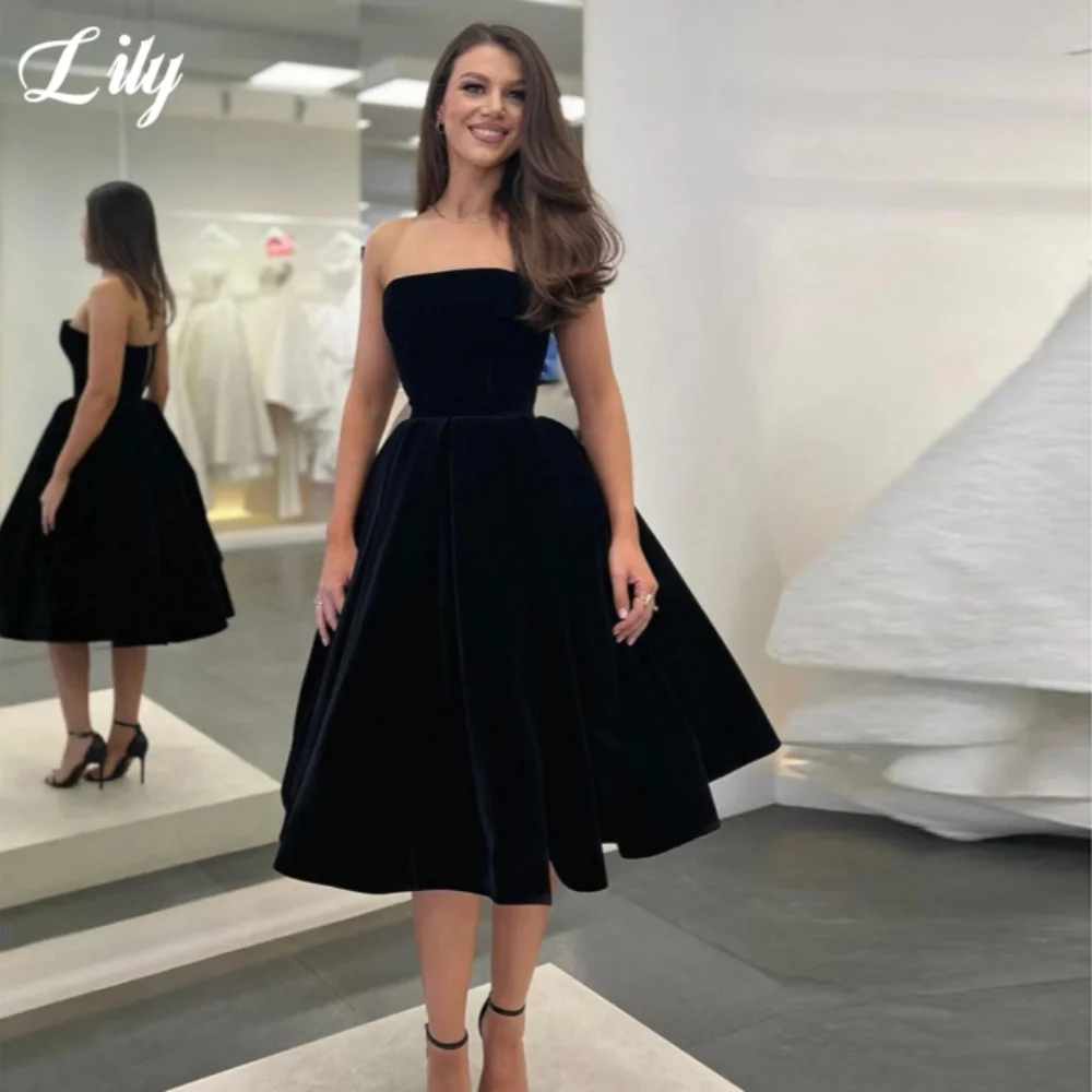 

Lily Black Elegant Prom Dress Strapless Sleeveless Prom Gown for Woman Off Shoulder Velvet Formal Gown robes du soir Customized