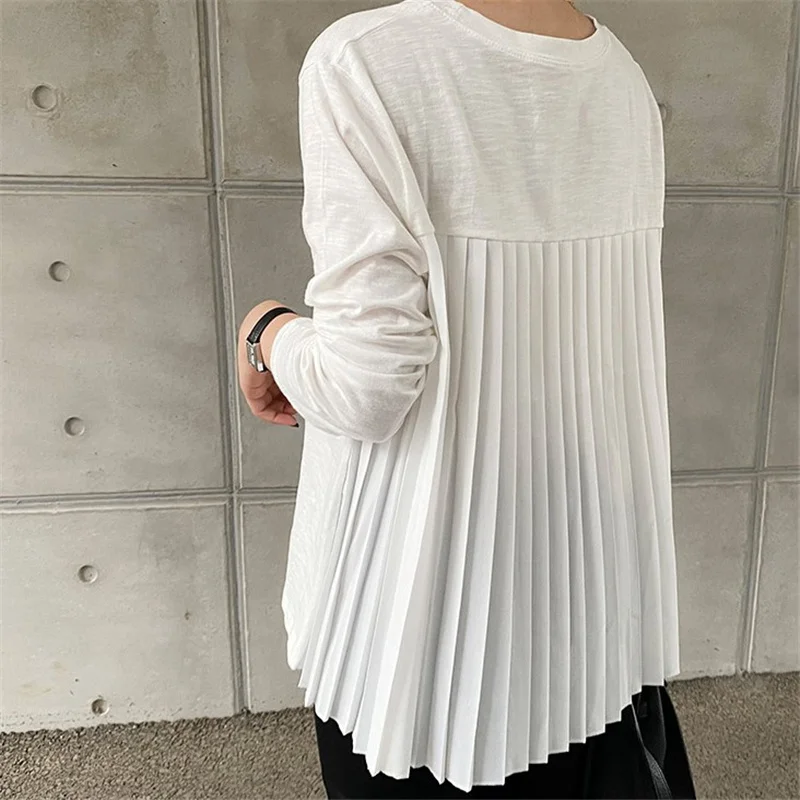 Pleated o Collar Full Sleeve Loose Waist T Shirt Cotton Tops For Women 2022 Summer Female Fashion white Clothing G313