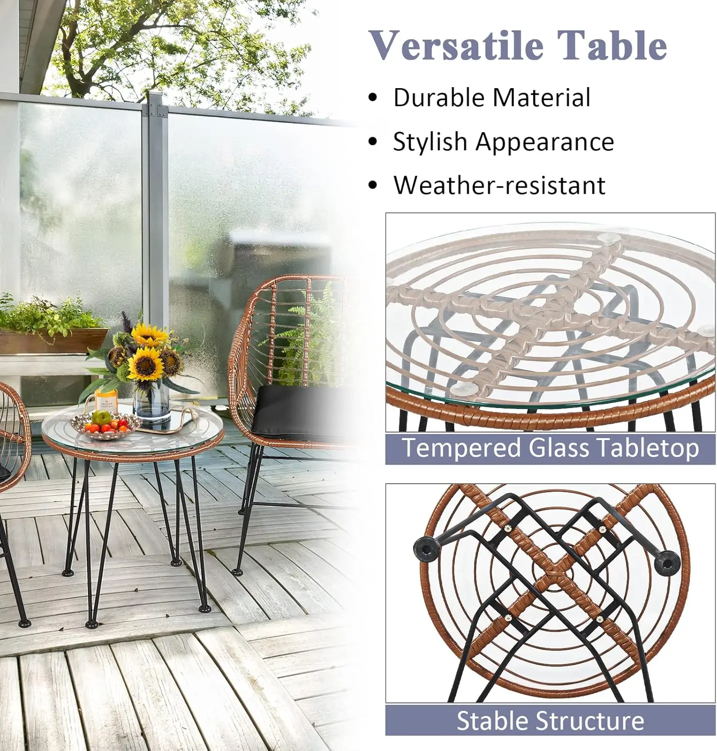 3 Stuks Patio Conversatie Bistro Set, Buiten Rieten Meubels Met Ronde Gehard Tafel En 2 Rotan Fauteuils (Geel)