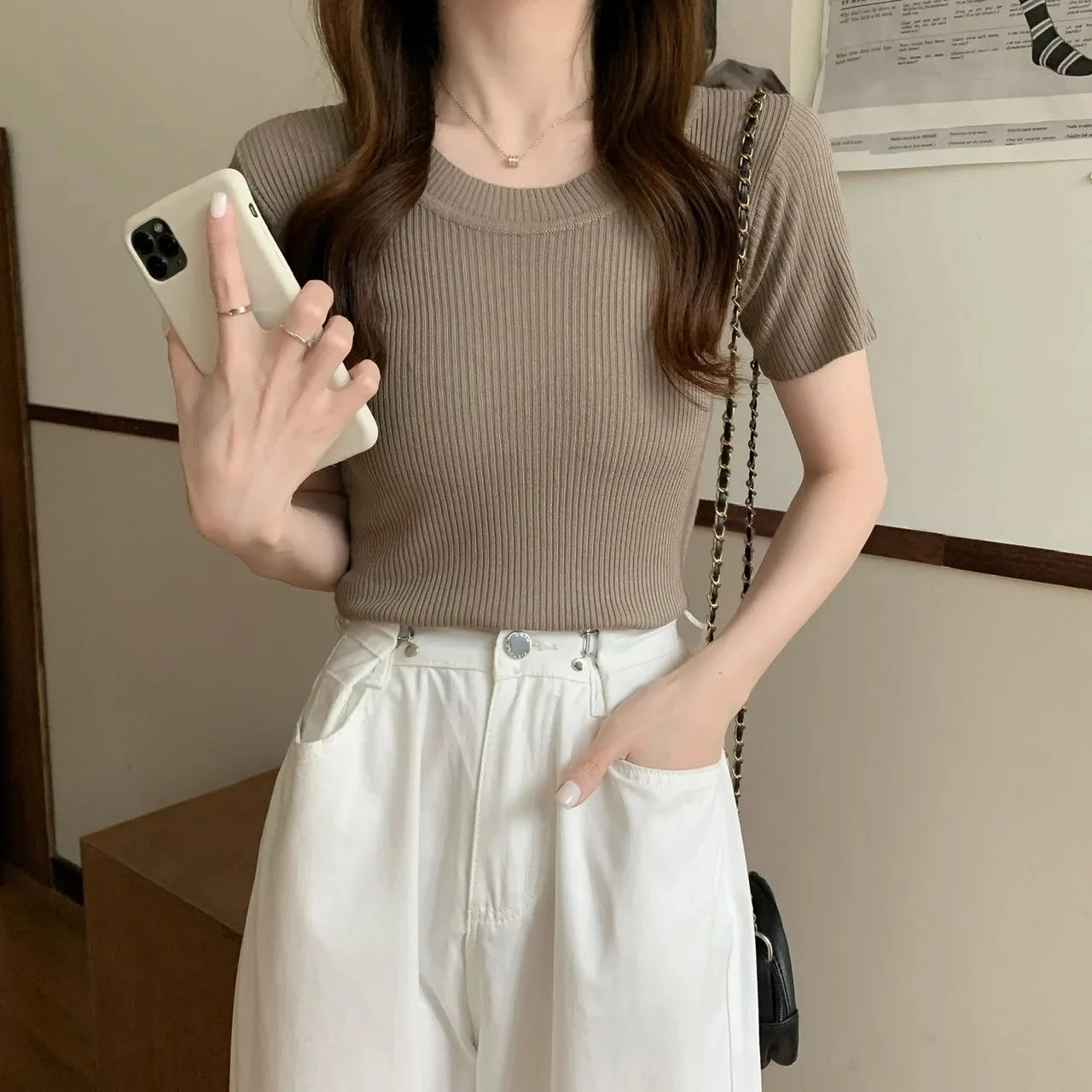 Knit Slim Aesthetic Short Sleeve T Shirt Solid White Green Fashion Woman Blouse 2023 Summer Crop Tops