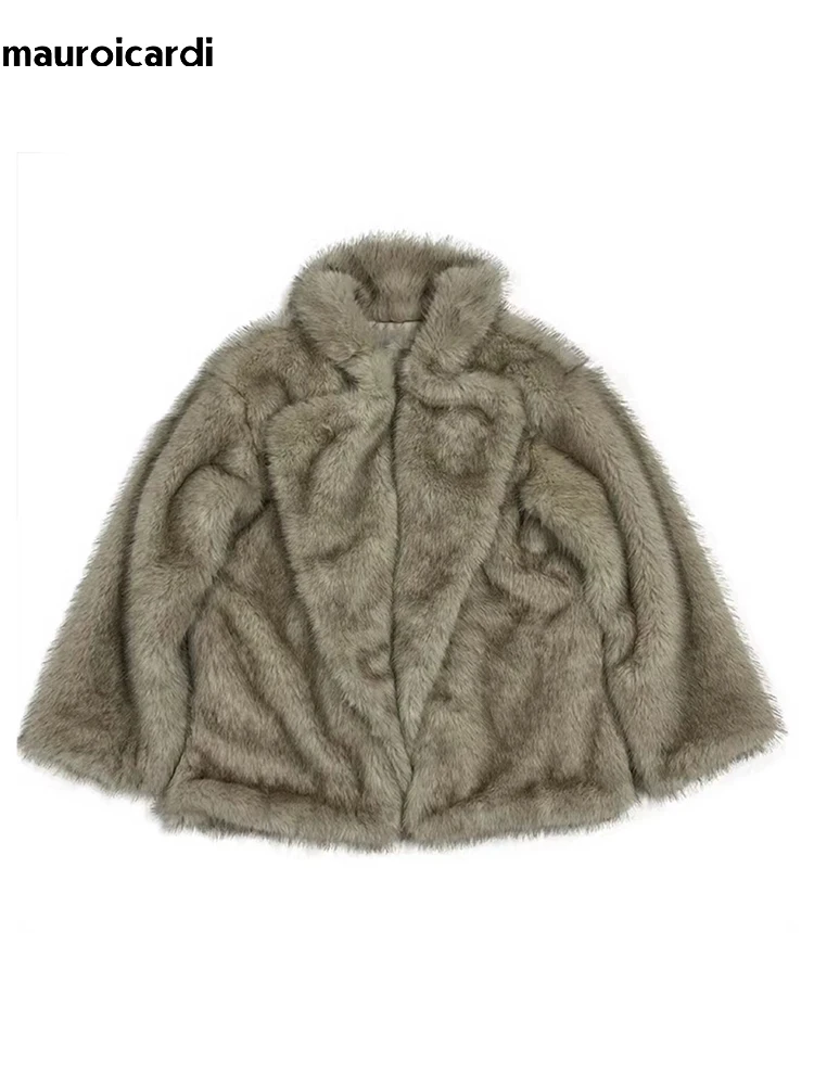 Mauroicardi Winter Thick Warm Hairy Shaggy Soft Faux Fox Fur Coat Women Loose Casual Korean Fashion Fluffy Jacket Cardigan 2024