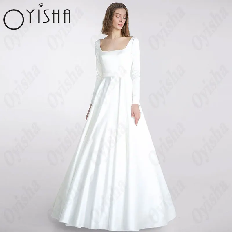 OYISHA Square Collar Satin Wedding Dresses Gorgeous Full Sleeves A-Line White Bridal Gowns For Woman Elegant Vestido De Mariages