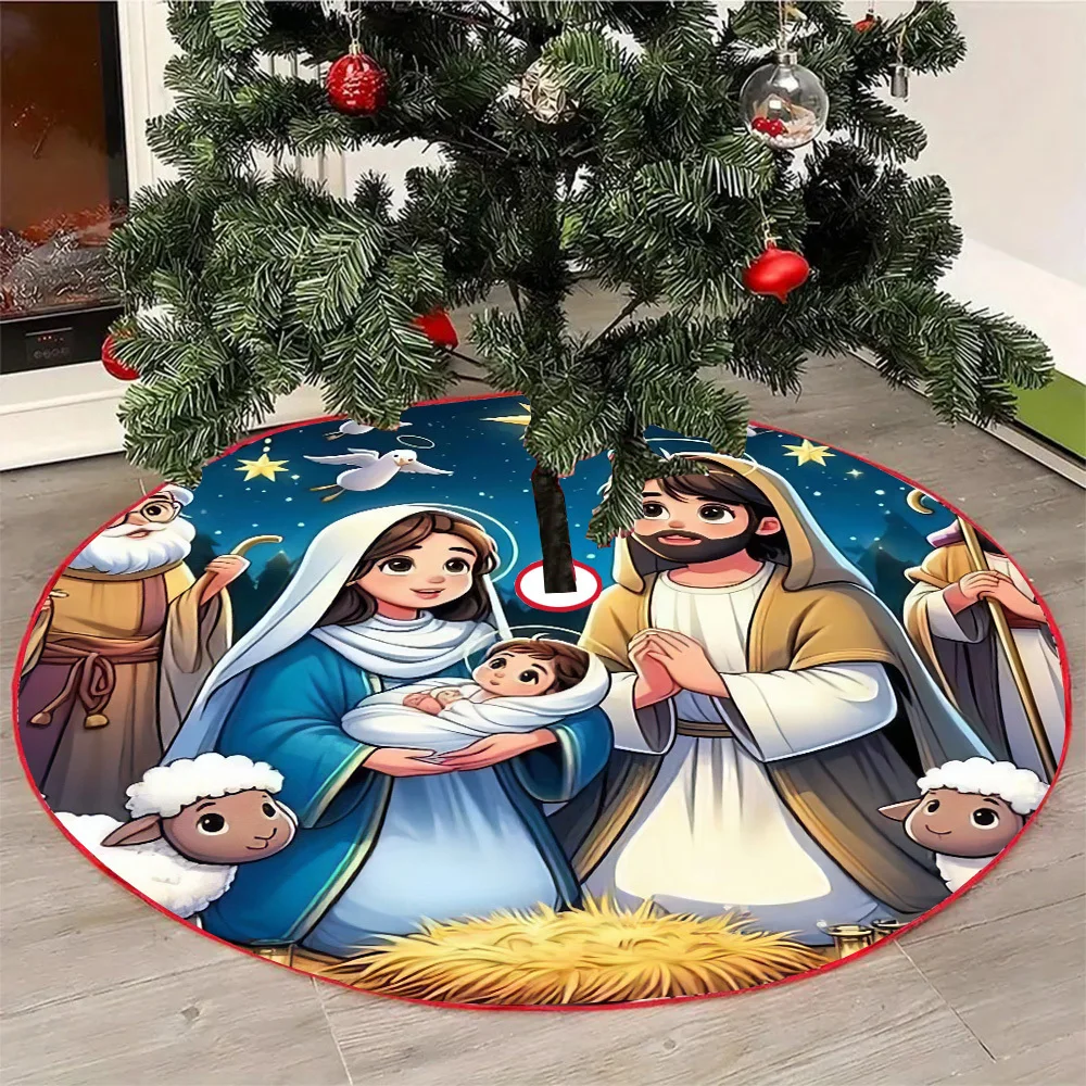VIKAMA Nativity Scene Christmas Tree Skirt Holy Family Three Wise Men Tree Base Cover view 2