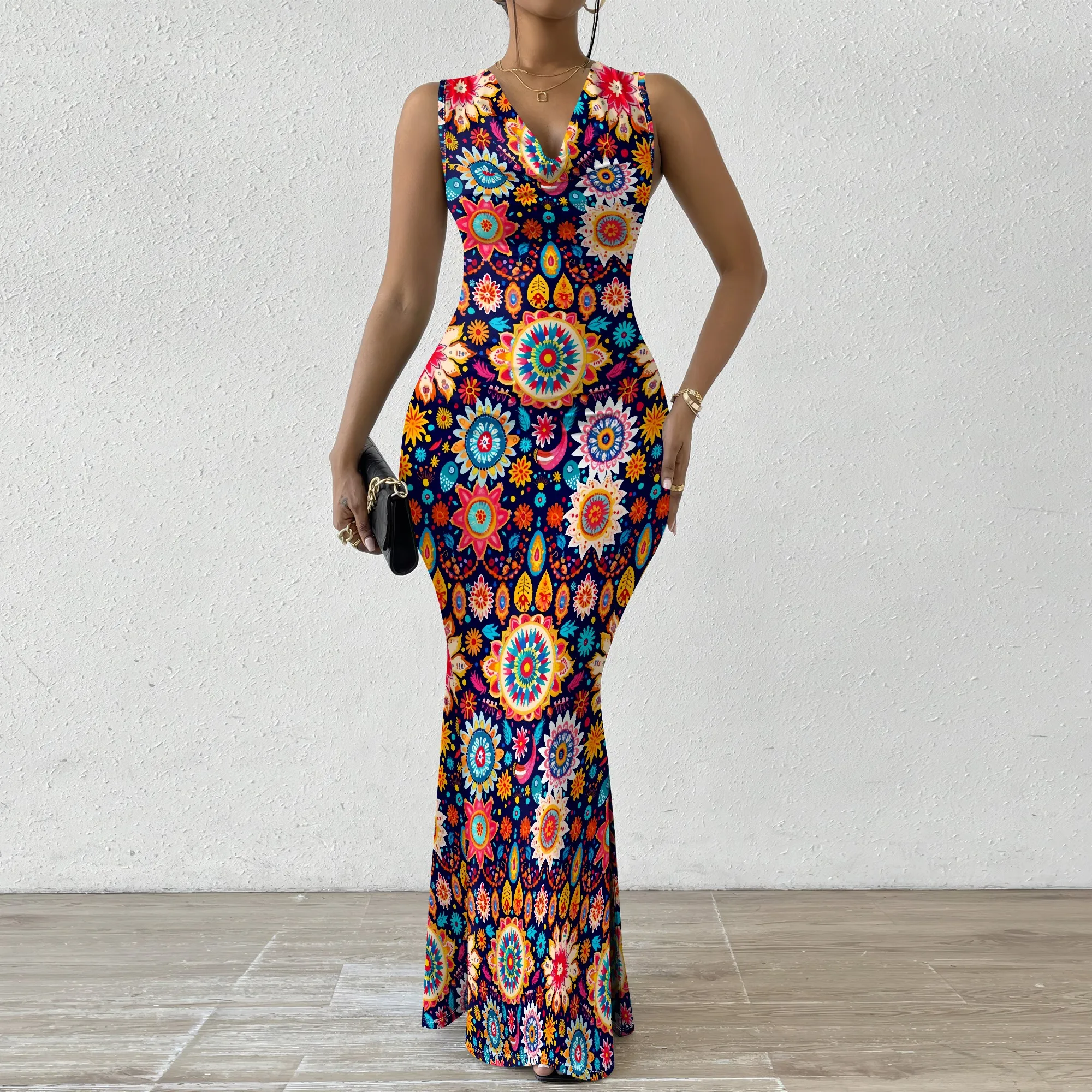 

Boho Floral V-Neck Maxi Dress for Women 2025 New Arrival Vibrant Print Summer Dress XS-2XL