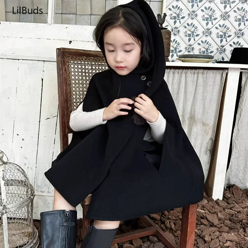 

2024 Kids Children Clothing Vintage 100% Wool Double Face Cashmere Handmade Girl's Coat Elf Hat Cape Princess Elegant Costumes