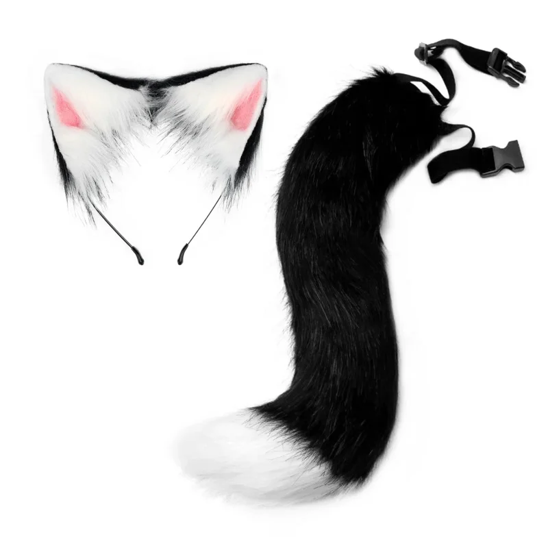 Halloween cosplay simulation gray fox plush tail clothing accessories animal tail cat ear headband headwear