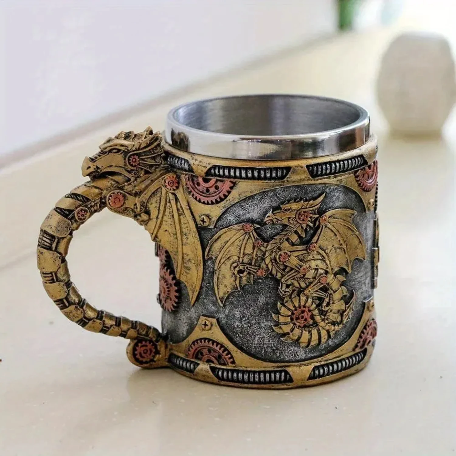 Men's Vintage Medieval Steampunk Dragon Stainless Steel Mug - Unique Mechanical Dragon Coffee Cup Beer Drinkware - Perfect Fathe