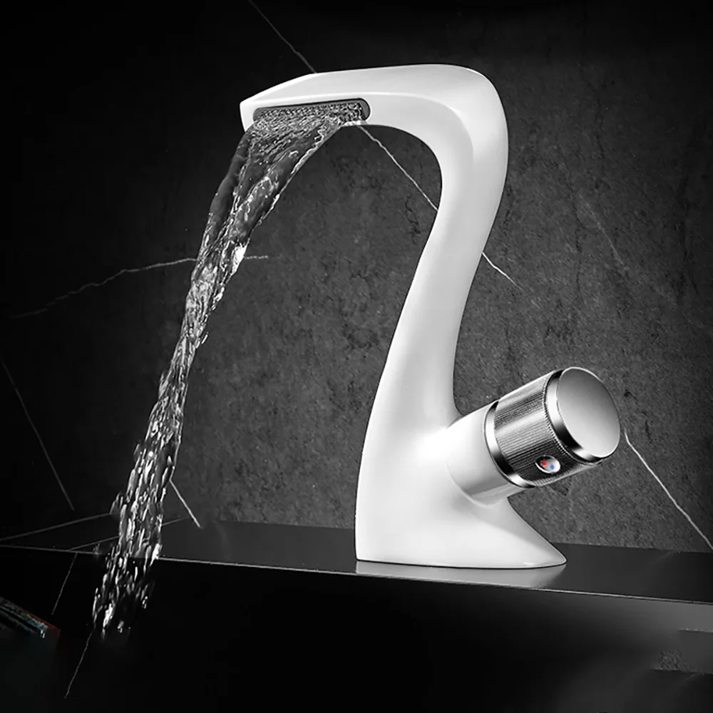 Tianview White bathroom yellow faucet copper waterfall hot and cold water faucet household white swan basin washbasin faucet