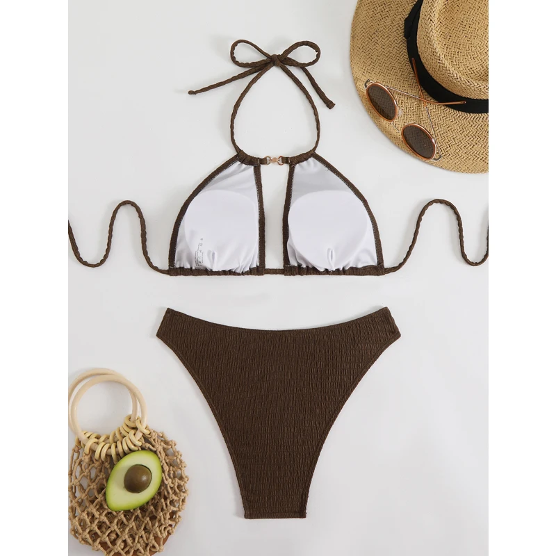 Microbikini recortado para mujer, traje de baño Sexy 2025, traje de baño marrón, conjunto de Bikinis con Tanga, ropa de playa brasileña, traje de baño para mujer