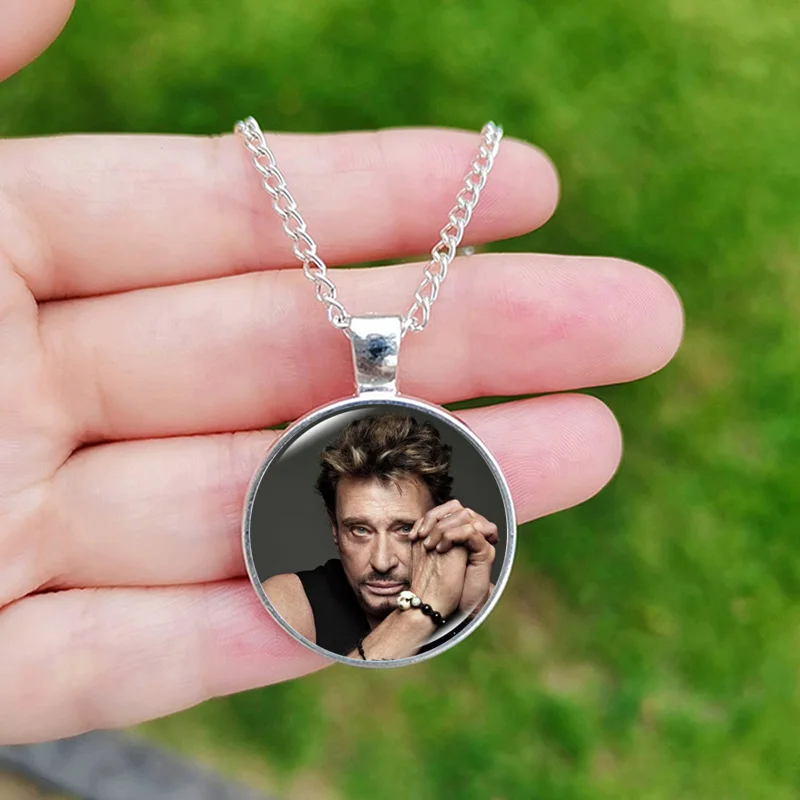 2024 Johnny Hallyday Necklace for Men Women Famous Singer Poster Glass Crystal Pendant Chain Jewelry Gift