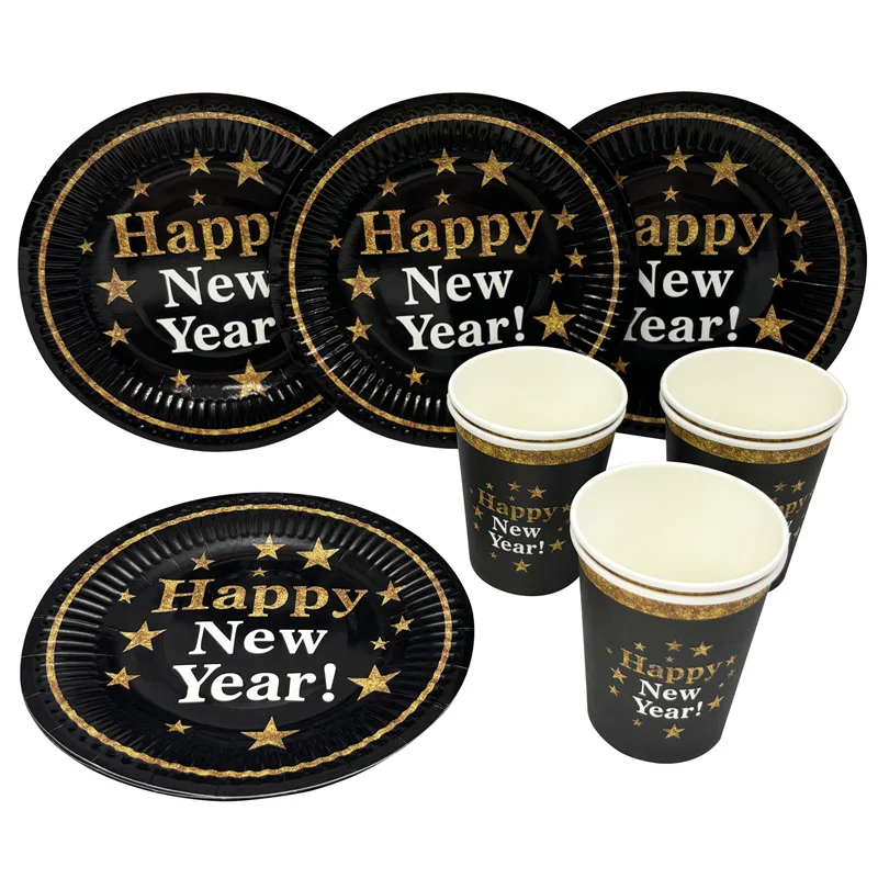 6Pcs Happy New Year Paper Plates Cups Disposable Tableware 2025 New Year Party Celebration Home Merry Christmas Decor Supplies