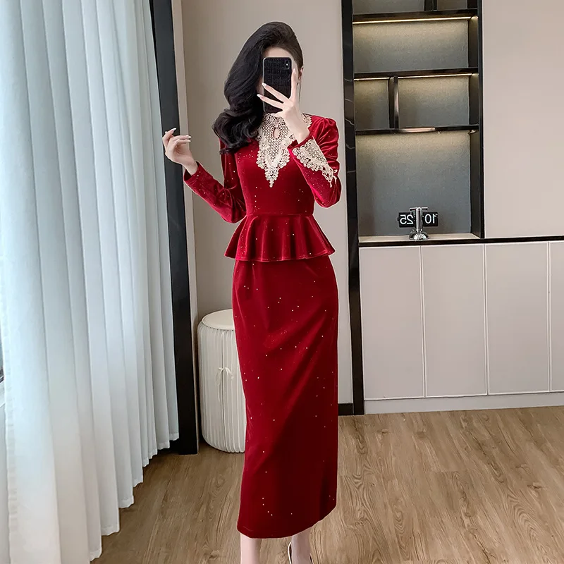 

Xiaoxiangfeng французское ретро темпераментное искусственное бархатное платье из двух частей с длинными рукавами осень-зима черные вечерние платья макси