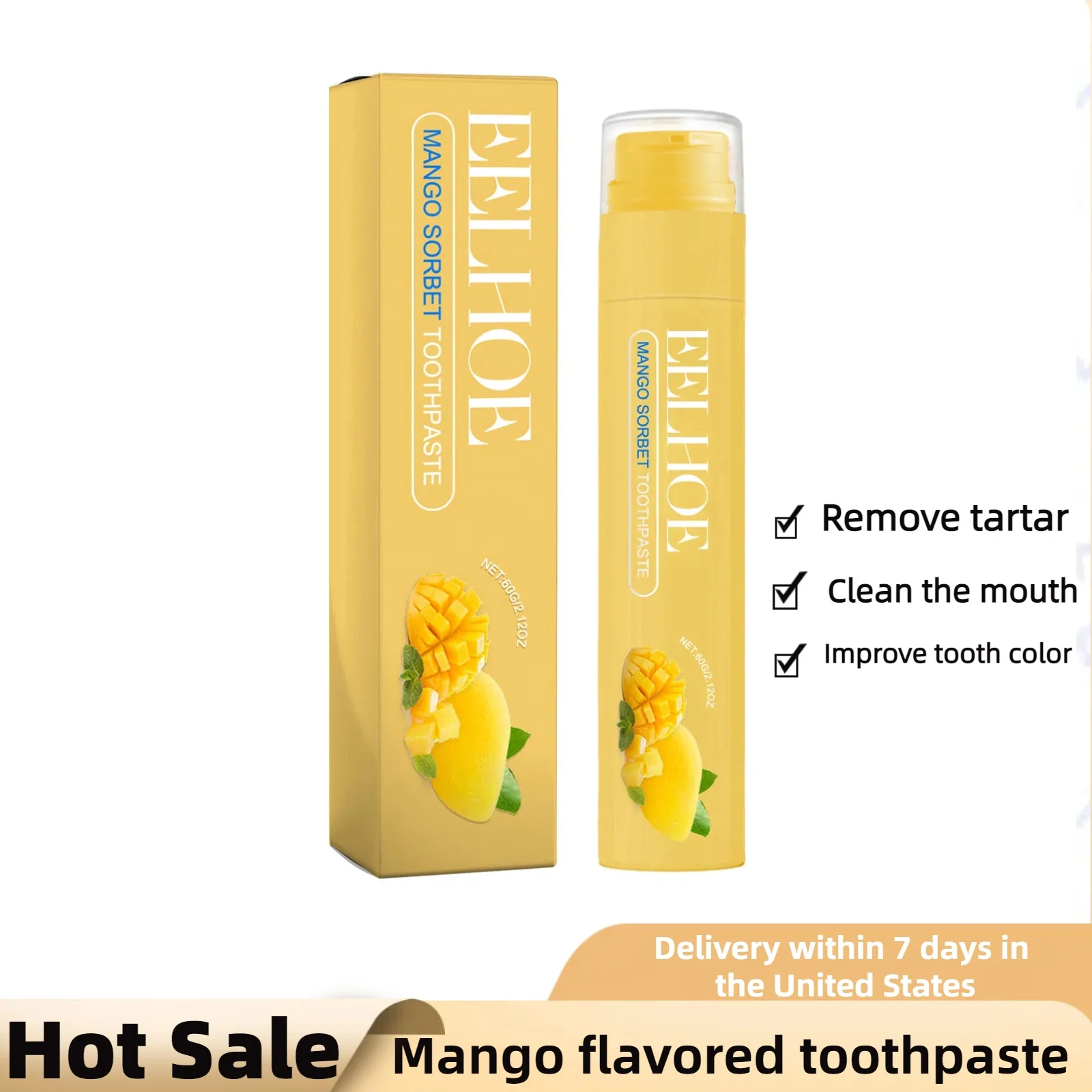 Mango Flavored Toothpaste Effectively Removes Yellow Tooth Stains Freshens Breath, Removes Bad Breath, and Improves Tooth Color.