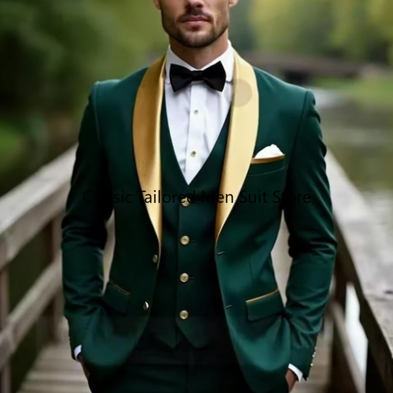 

New Gold And Dark Green Business Formal Men Suit Groom Groomsman Wedding Party Prom Male Tuxedos 3 Piece Set Blazer Vest Pants