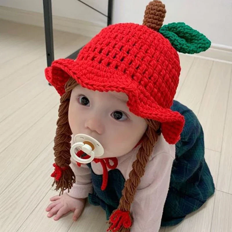 Gorro de punto para bebé y niño, peluca hecha a mano con diseño de manzana, gorros de lana, accesorios para fotos, tocado de 1 a 5 años