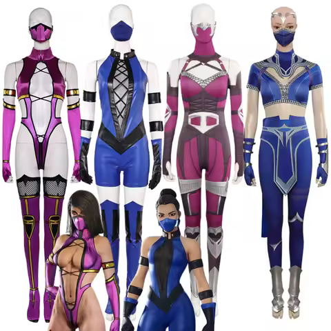 Mileena Kitana Mortal Kombat Cosplay Fantasia Costume Disguise for Women Jumpsuit Mask Roleplay Outfits Halloween Carnival Suit