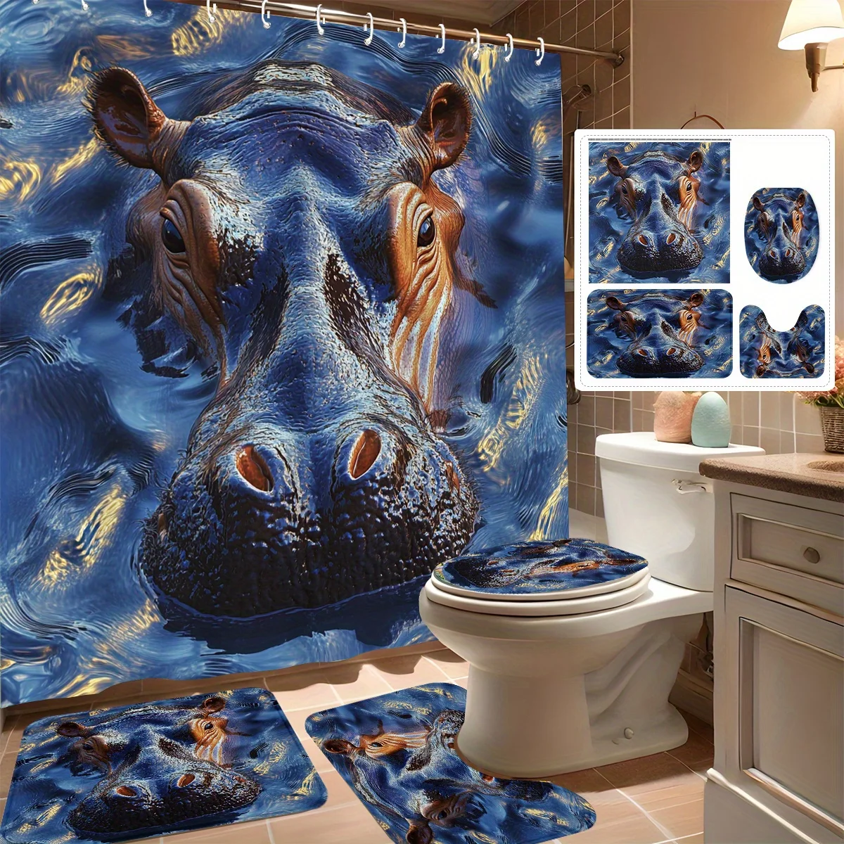 

4pcs Shower Curtain Set, Vivid Water Hippo Design, Modern Bathroom Decor, Includes 12 Hooks, Non-Slip Bath Mat, U-Shaped