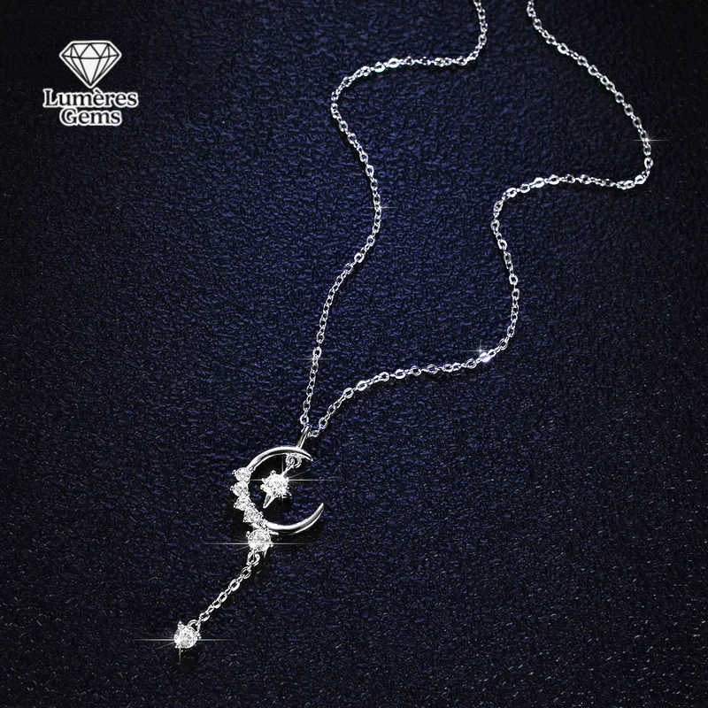 Luxury Platinum Pt950 Pendants 1 Carat Moissanite Diamond Necklace Women'S Star Moon Fringe Clavicle Chain Wedding Jewelry