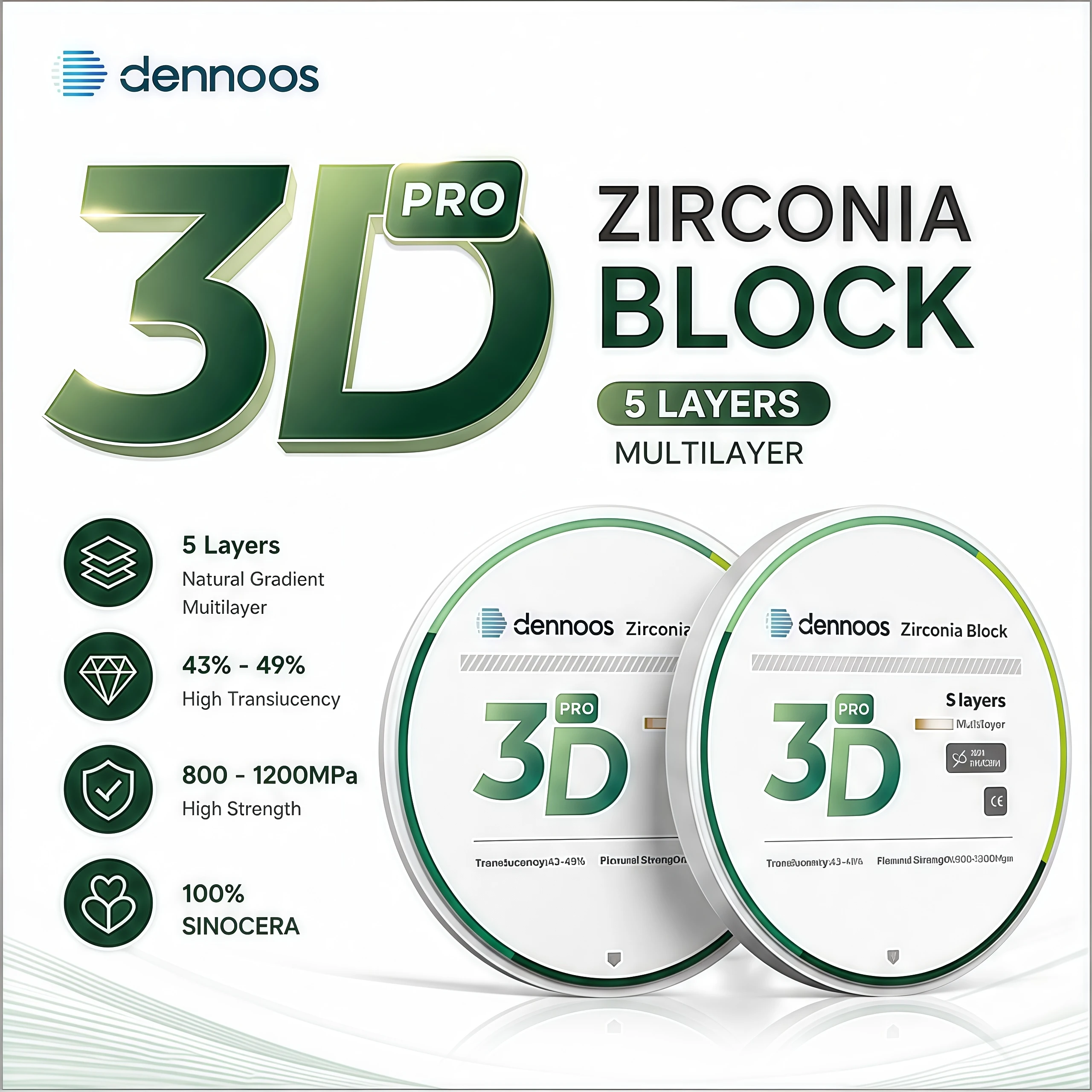 3D Pro Dental Zirconia Multilayer Blocks 98mm CAD CAM Dental Lab Materials Strength 800Mpa-1200Mpa VITA16 & BL1-BL4 Best Powder