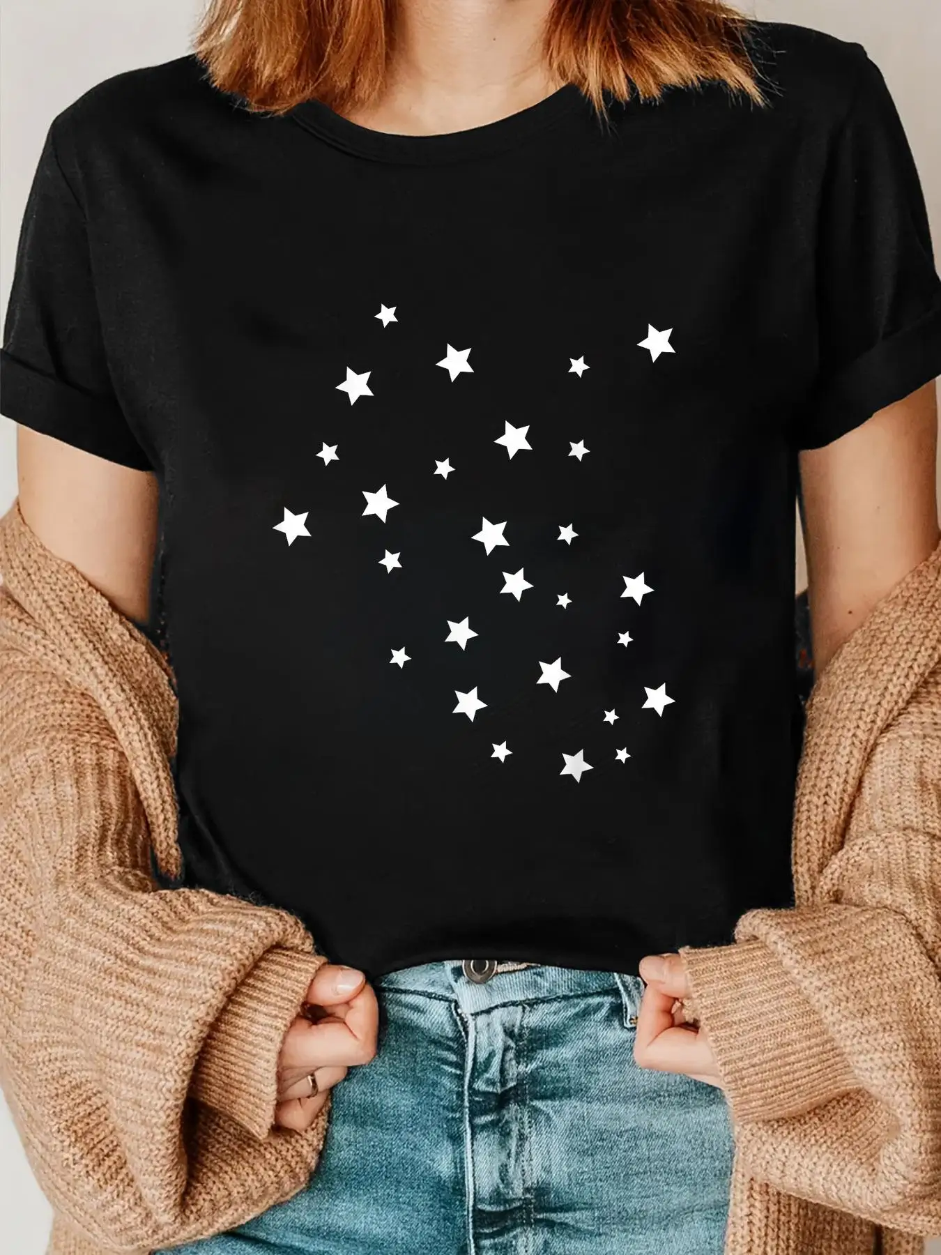 Camiseta básica con estampado de estrellas aleatorias para mujer, camiseta básica con cuello redondo y manga corta, Tops informales a la moda